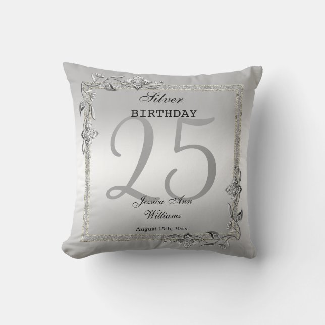 Silver Gem & Glitter 25th Birthday Party Throw Pillow (Front)
