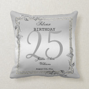 Silver Gem & Glitter 25th Birthday Party Throw Pillow