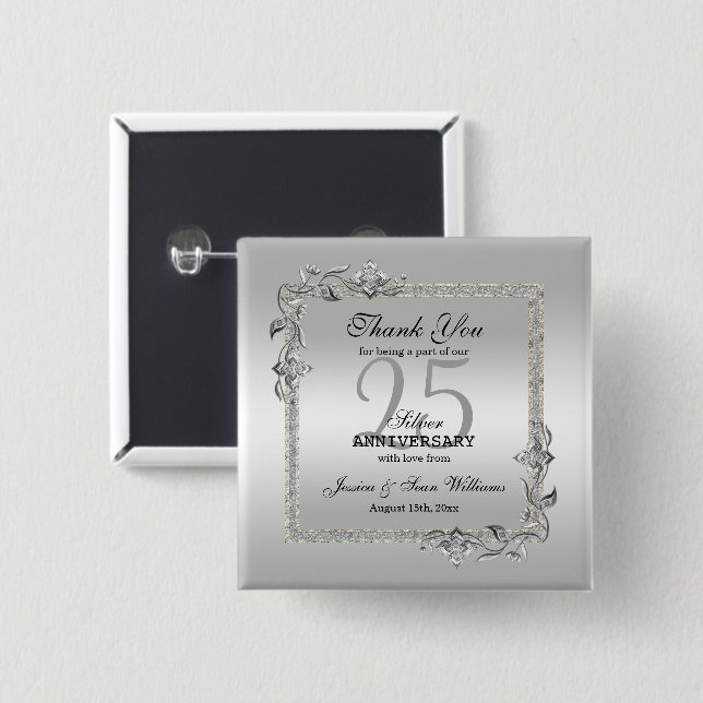 Silver Gem & Glitter 25th Wedding Anniversary 2 Inch Square Button (Front & Back)