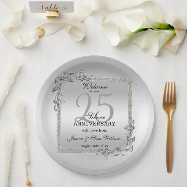 Silver Gem & Glitter 25th Wedding Anniversary Paper Plate (Wedding)