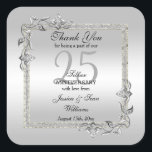 Silver Gem & Glitter 25th Wedding Anniversary Square Sticker<br><div class="desc">Glamourous and elegant posh 25th Silver Wedding Anniversary party favour sticker with stylish silver gem stone jewels corner decorations and matching coloured glitter border frame. A romantic design for your celebration. All text, font and font colour is fully customizable to meet your requirements. If you would like help to customize...</div>