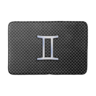 Silver Gemini Sign on Charcoal Carbon Fibre Print Bath Mat
