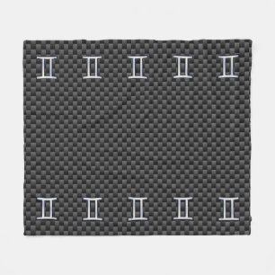 Silver Gemini Sign on Charcoal Carbon Fibre Print Fleece Blanket