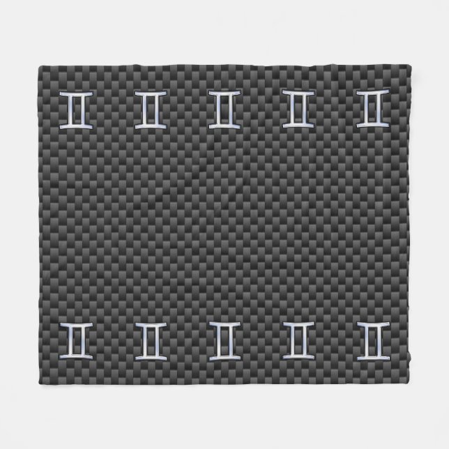 Silver Gemini Sign on Charcoal Carbon Fibre Print Fleece Blanket (Front (Horizontal))