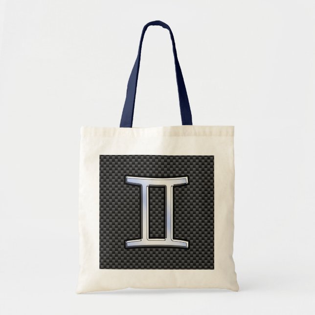 Silver Gemini Sign on Charcoal Carbon Fibre Print Tote Bag (Front)