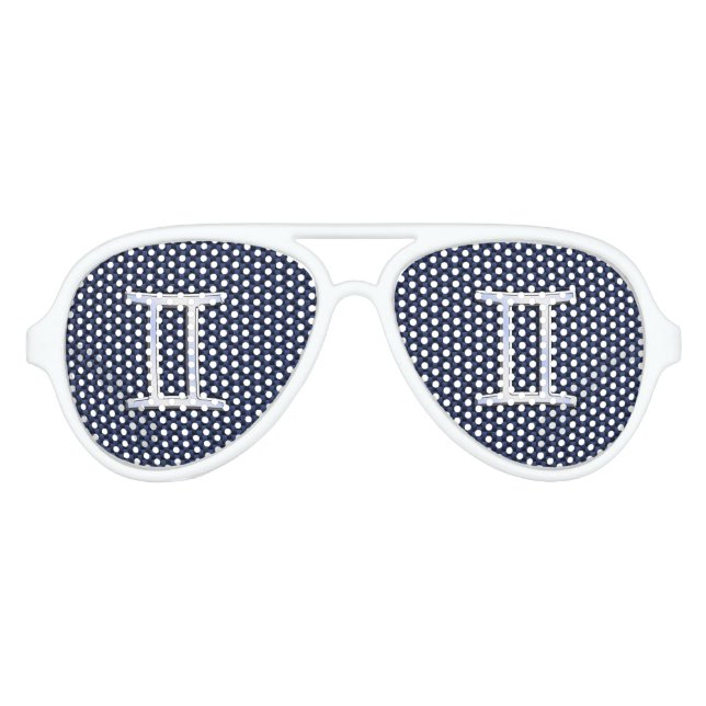 Silver Gemini Zodiac Sign Blue Carbon Fiber Print Aviator Sunglasses (Front)