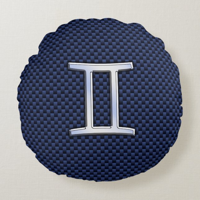 Silver Gemini Zodiac Sign Blue Carbon Fiber Print Round Pillow (Front)