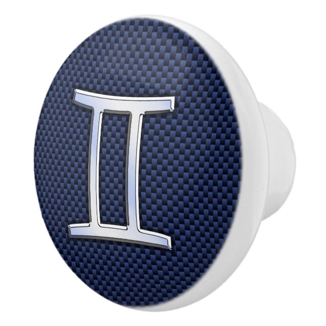 Silver Gemini Zodiac Sign Blue Carbon Fibre Print Ceramic Knob (Right)