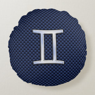 Silver Gemini Zodiac Sign Blue Carbon Fibre Print Round Pillow