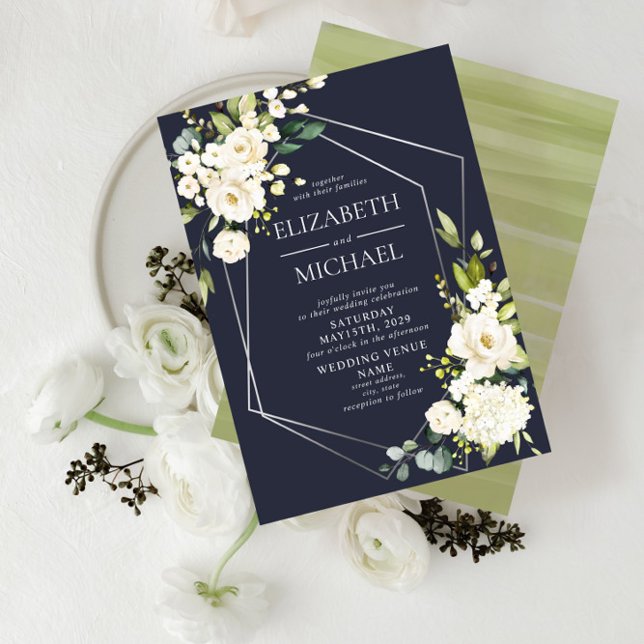 Silver Geometric Blue White Floral  Wedding Invitation (Creator Uploaded)
