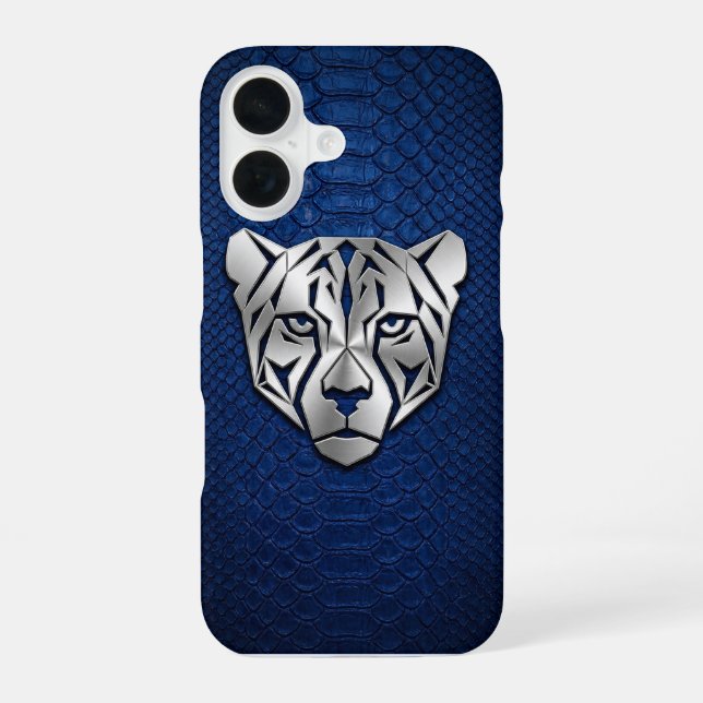 Silver Geometric Leopard Blue Snakeskin iPhone 16  Case (Back)
