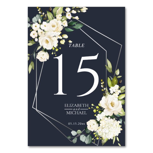 Silver Geometric Navy Blue White Floral  Wedding Table Number (Front)