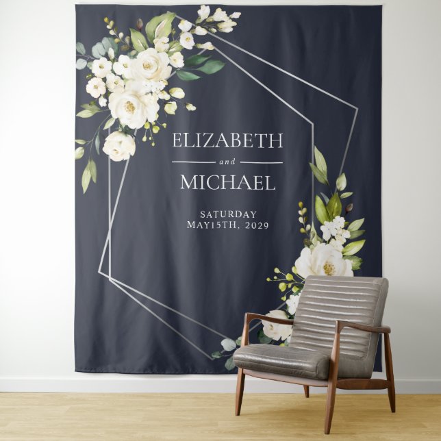 Silver Geometric Navy Blue White Floral  Wedding Tapestry (In Situ)