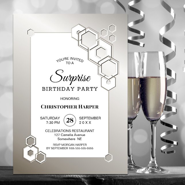 Silver Geometric Surprise Birthday Party Invitation (Creator Uploaded)