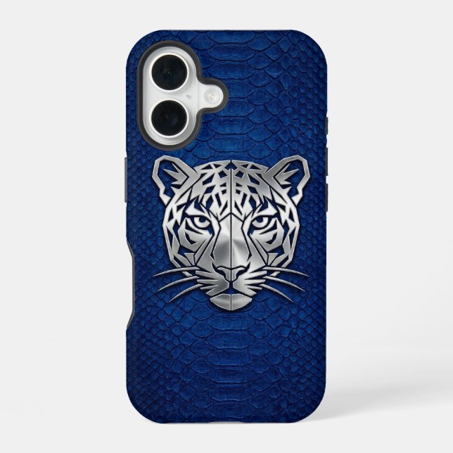 Silver Geometric Tiger Blue Snakeskin iPhone 16  Case (Back)