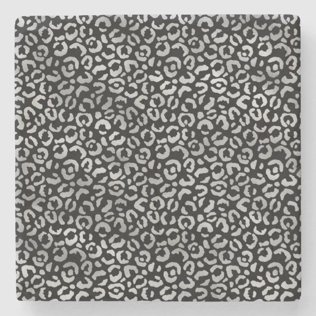 Silver Glam Black Leopard Print Stone Coaster (Front)
