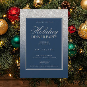 Silver Glam FAUX Glitter Holiday Dinner Navy Blue  Invitation