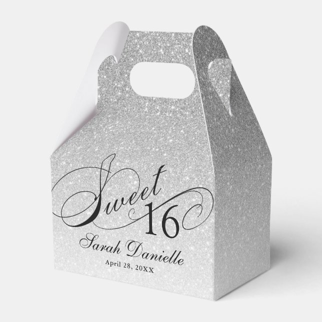 Silver Glam Glitter Sweet 16 Custom Party Favor Box (Front Side)