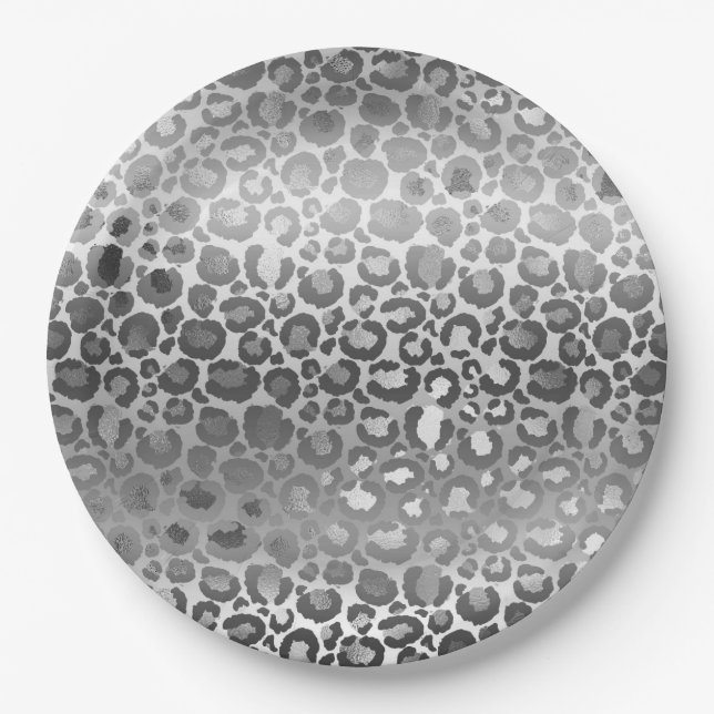 Silver Glam Leopard Animal Print Paper Plate (Front)