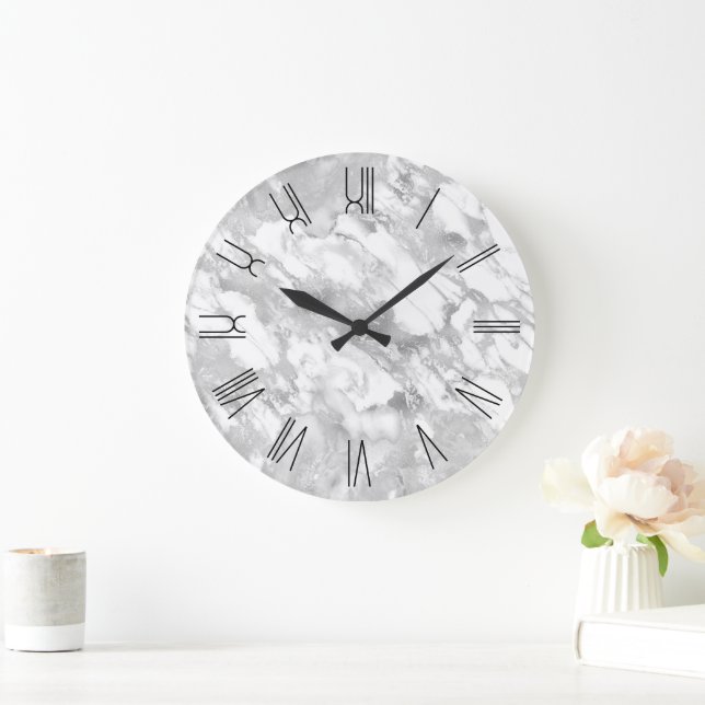 Silver Glam Marble Retro Roman Numerals Large Clock (Home)