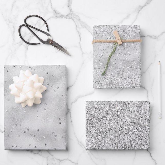 Silver Glam Sparkle Confetti Glitter Wrapping Paper Sheet (Front)