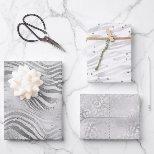 Silver Glam Sparkle Glitter Animal Prints Wrapping Paper Sheet (Front)