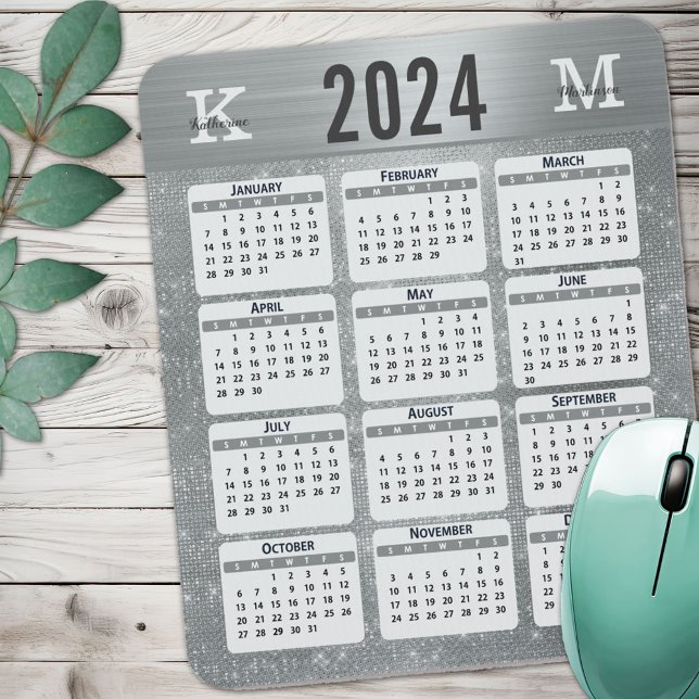 Silver Glam Sparkle Monogram Name 2024 Calendar Mouse Pad (Creator Uploaded)