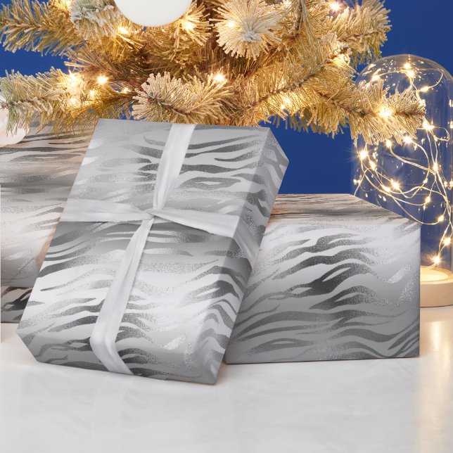 Silver Glam Zebra Animal Print Wrapping Paper (Holidays)