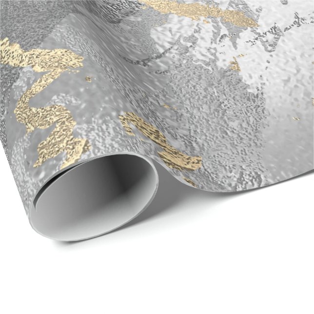 Silver Glass Gold Marble Shiny Metallic Strokes Wrapping Paper (Roll Corner)
