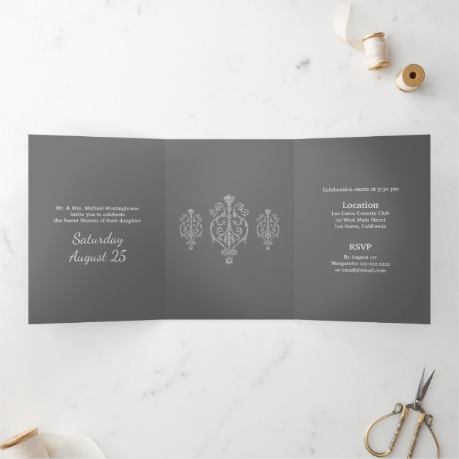 Silver Glisten Sweet 16 Party Invitation (Inside)
