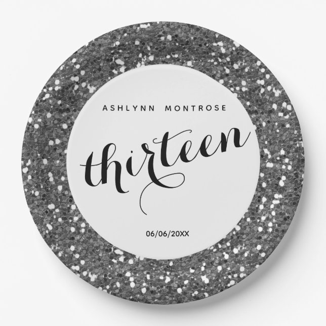 Silver Glitter 13th Birthday Paper Plate (Front)