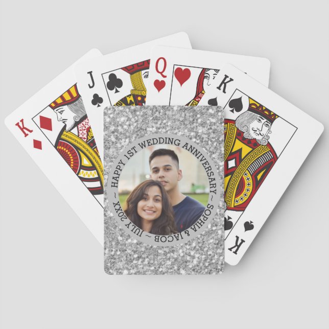 Silver Glitter 1st Anniversary Playing Cards (Back)