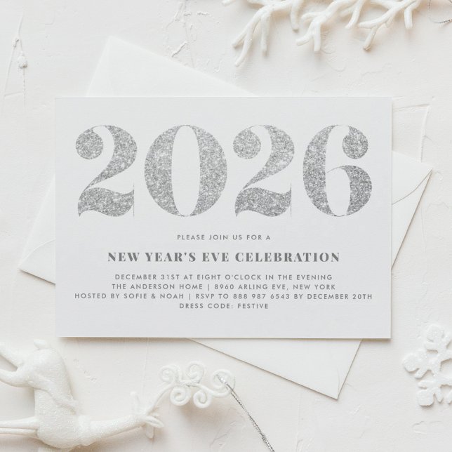 Silver Glitter 2024 New Year's Eve Party Invitation (Customizable 2026 New Year's Eve party invitation featuring faux silver glitter.)