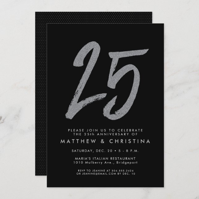 Silver glitter 25th anniversary party invitation (Front/Back)