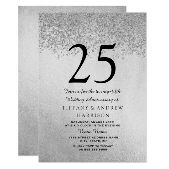 Silver Glitter 25th Wedding Anniversary Invitation | Zazzle.ca