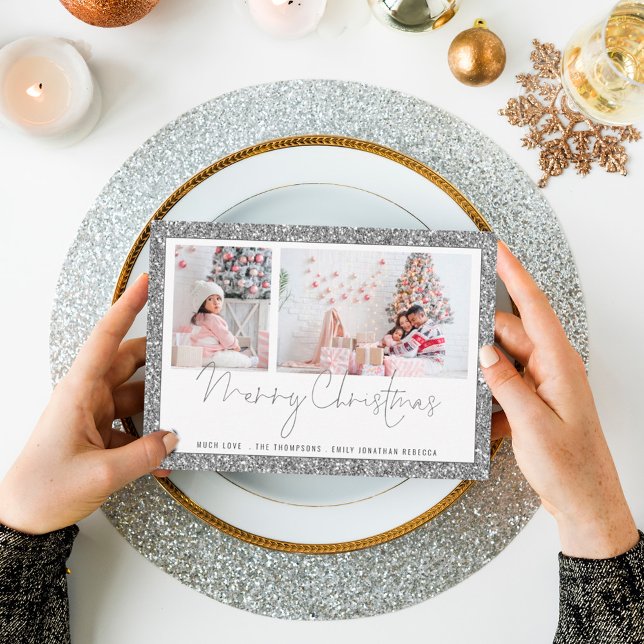 Silver Glitter 2 Photo Script Merry Christmas Card (Creator Uploaded)