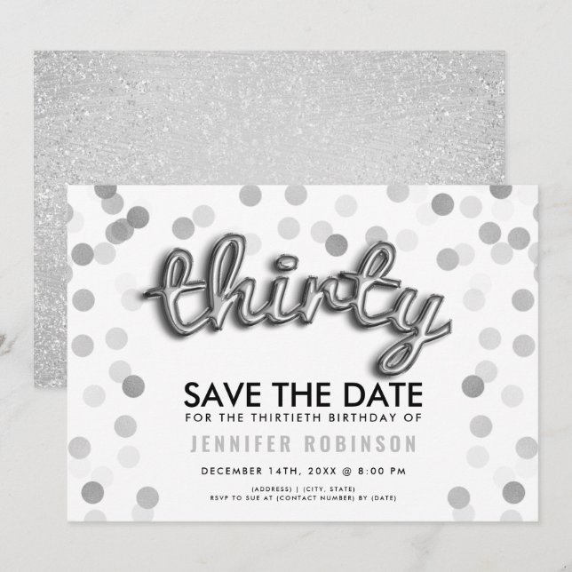 Silver Glitter 30th Birthday Save The Date Invitation (Front/Back)