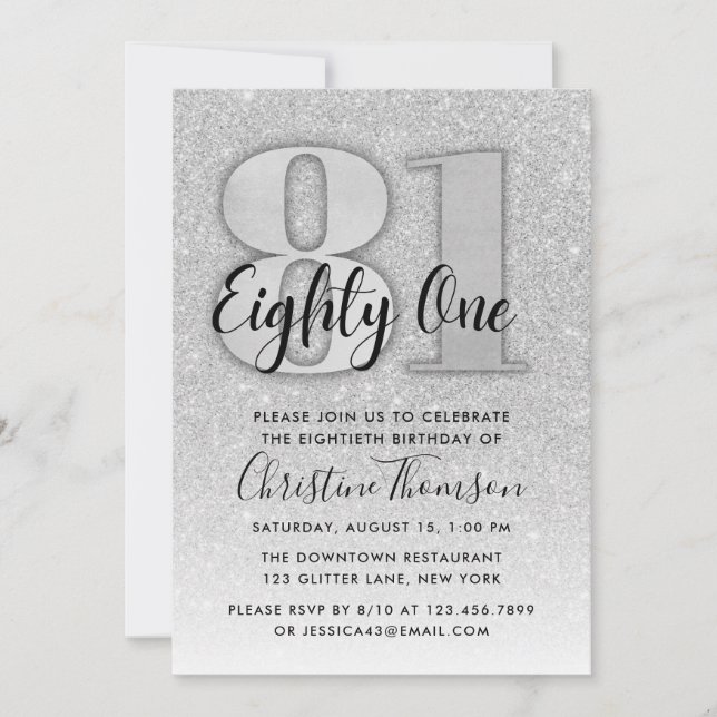 Silver Glitter 81st Birthday Invitation (Front)