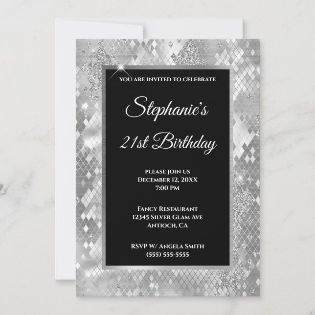 Silver Glitter Abstract Snake Glam Birthday Invitation (Front)