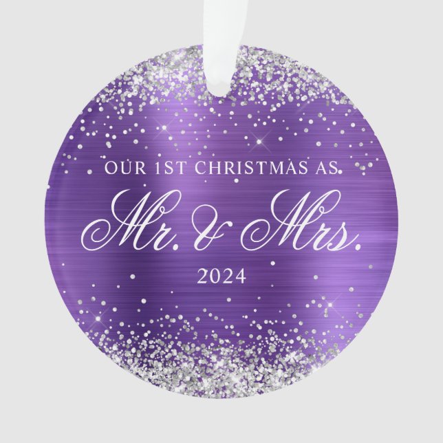 Silver Glitter Amethyst Foil 1st Christmas Photo Ornament (Front)