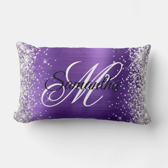Silver Glitter Amethyst Foil Fancy Monogram Lumbar Pillow (Front)