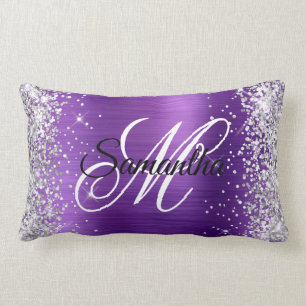 Silver Glitter Amethyst Foil Fancy Monogram Lumbar Pillow