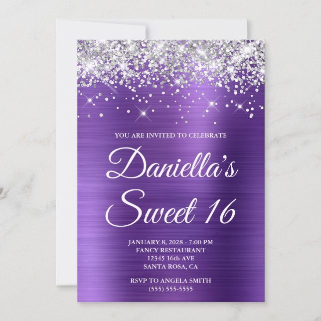 Silver Glitter Amethyst Foil Sweet 16 Invitation (Front)