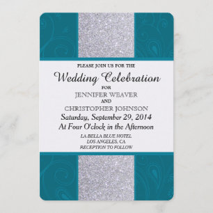 Silver Glitter and Aqua Teal with Swirly Design Invitation
