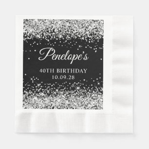 Silver Glitter and Black 40th Birthday Napkin