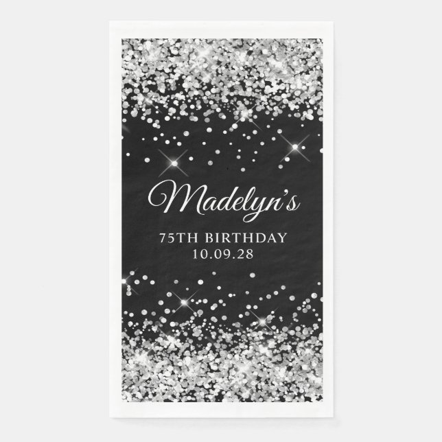 Silver Glitter and Black 75th Birthday Napkin (Front)