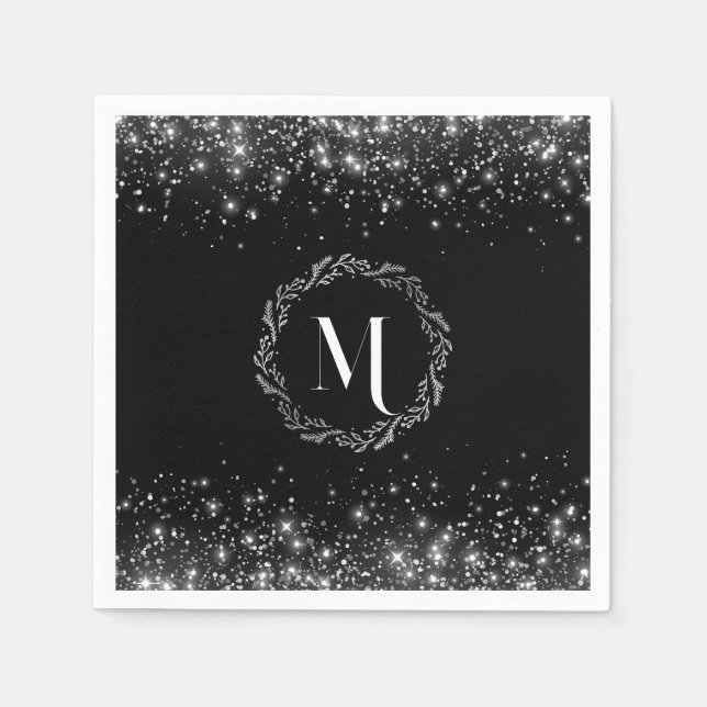 Silver Glitter And Black Elegant Monogrammed  Napkin (Front)