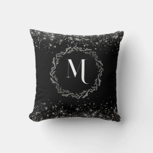 Silver Glitter And Black Elegant Monogrammed  Throw Pillow