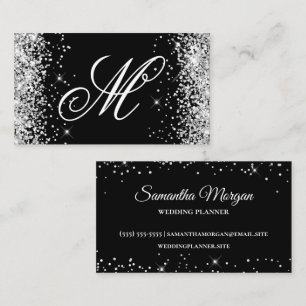 Silver Glitter and Black Fancy Monogrammed Business Card