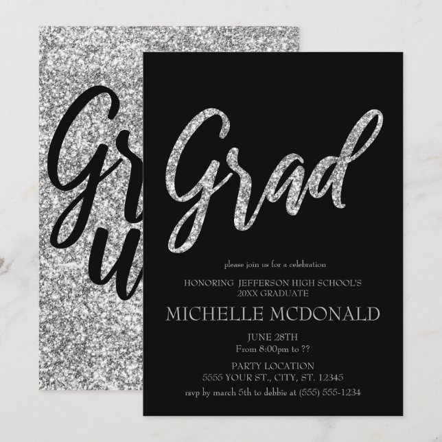 Silver Glitter and Black Graduation Party Invitation (Front/Back)